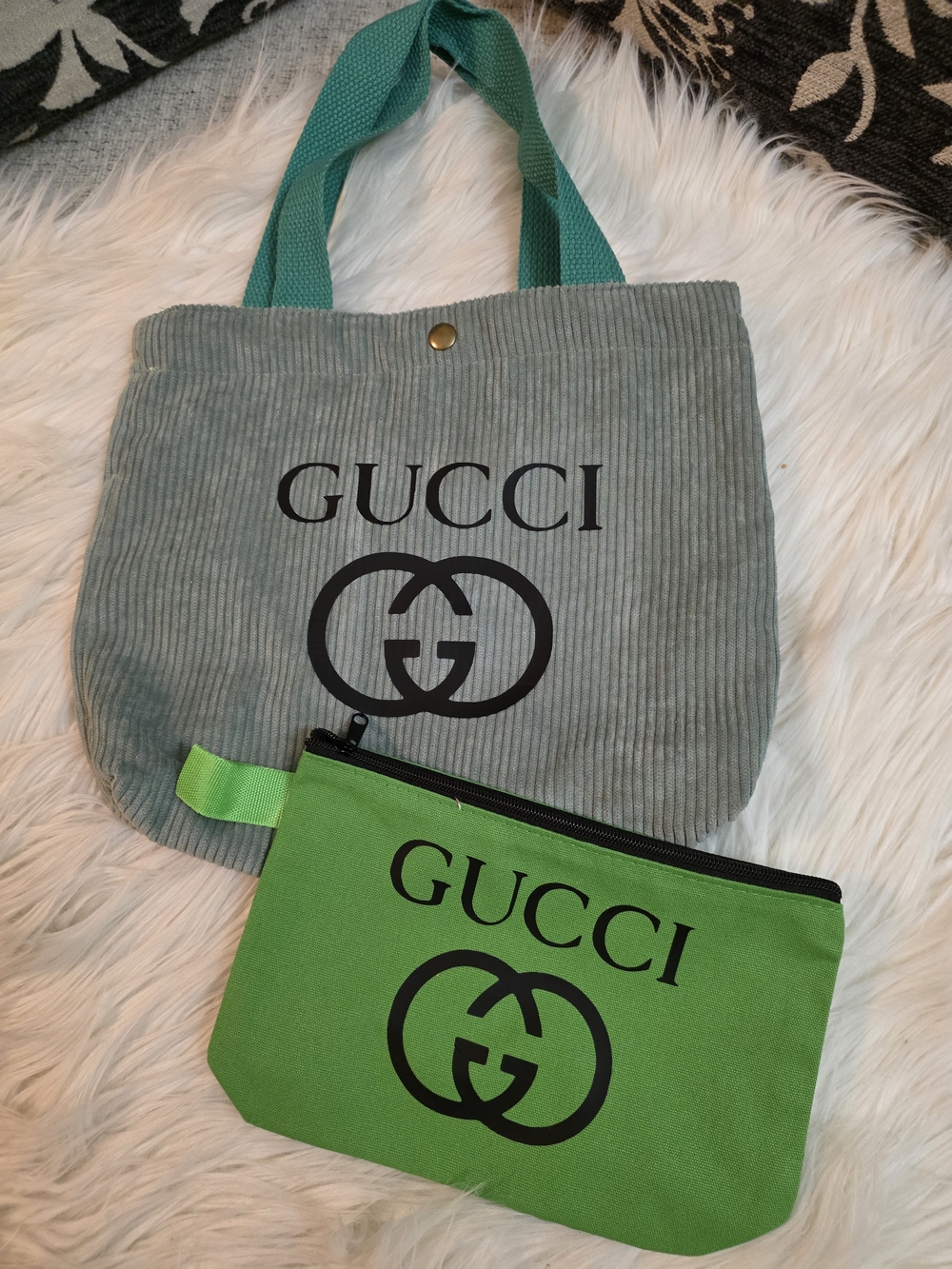 Green Corduroy Tote and Green Pouch Set